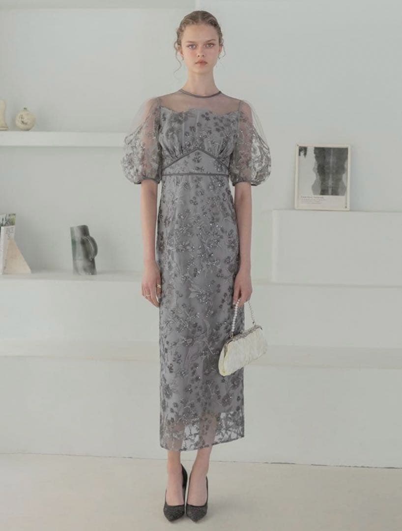 フラワーディテールパフスリーブIラインワンピースドレス結婚式二次会成人式デート