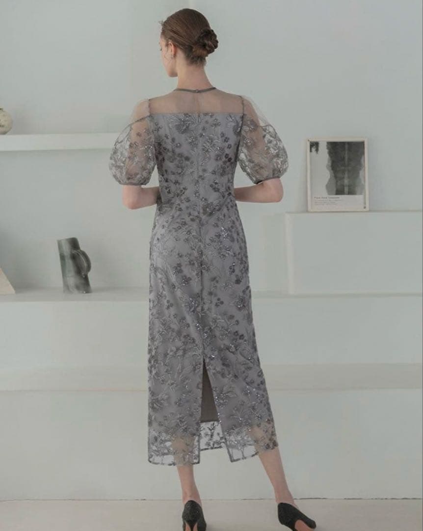 フラワーディテールパフスリーブIラインワンピースドレス結婚式二次会成人式デート