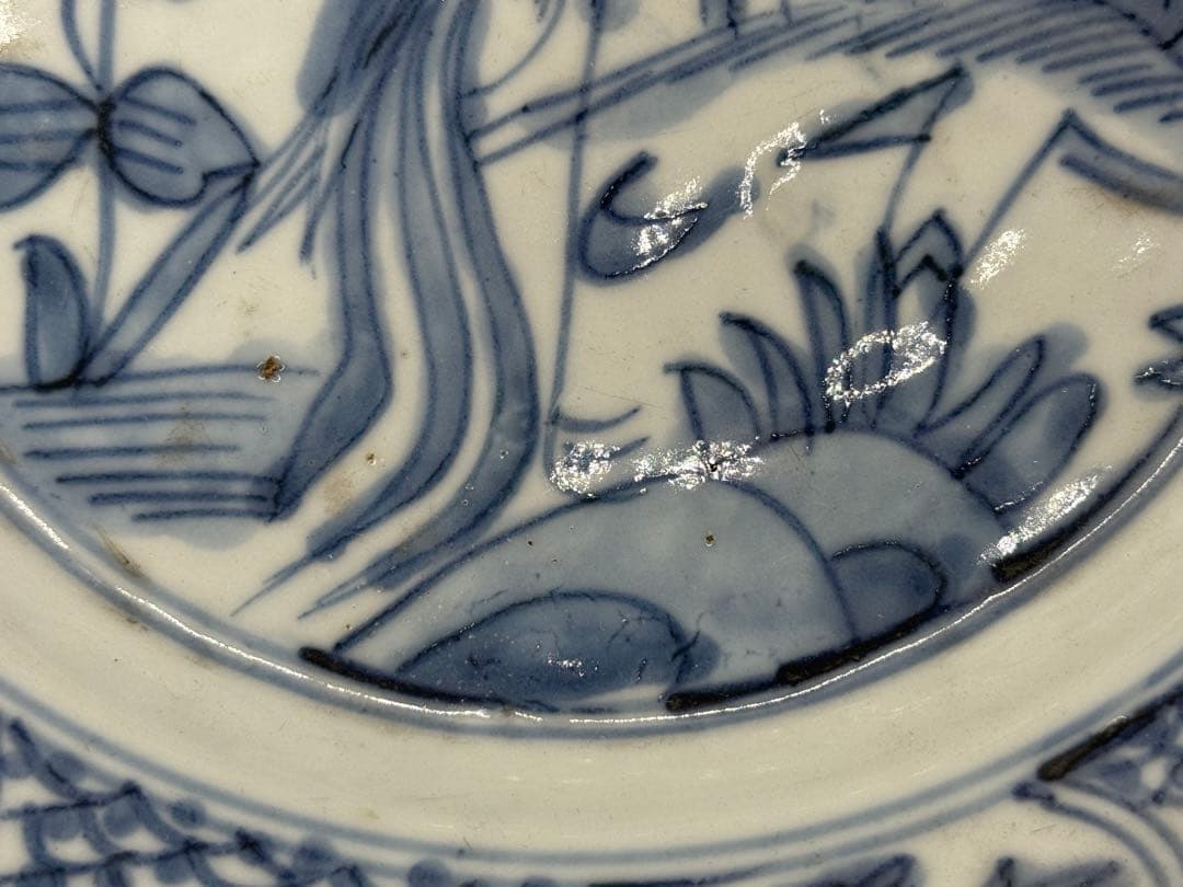 中国　明時代　染付　孔雀牡丹紋大皿　古染　送料込み250622