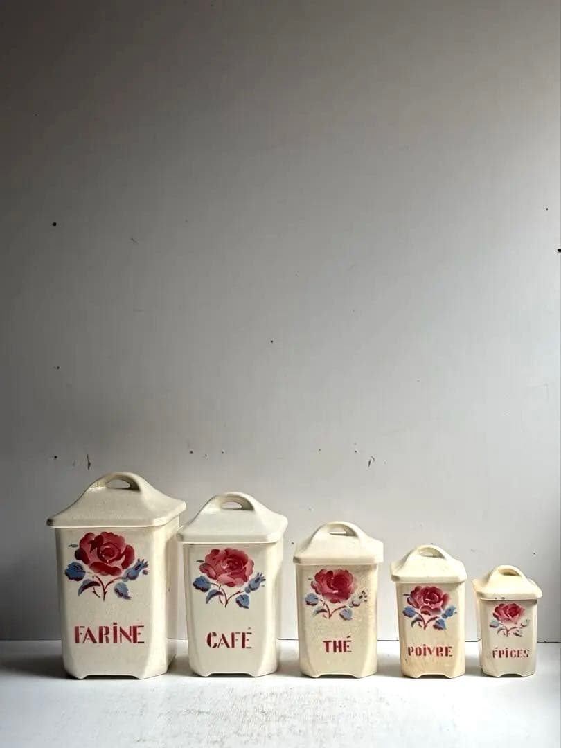 493 フランスアンティーク Badonviller 薔薇柄キャニスターセット