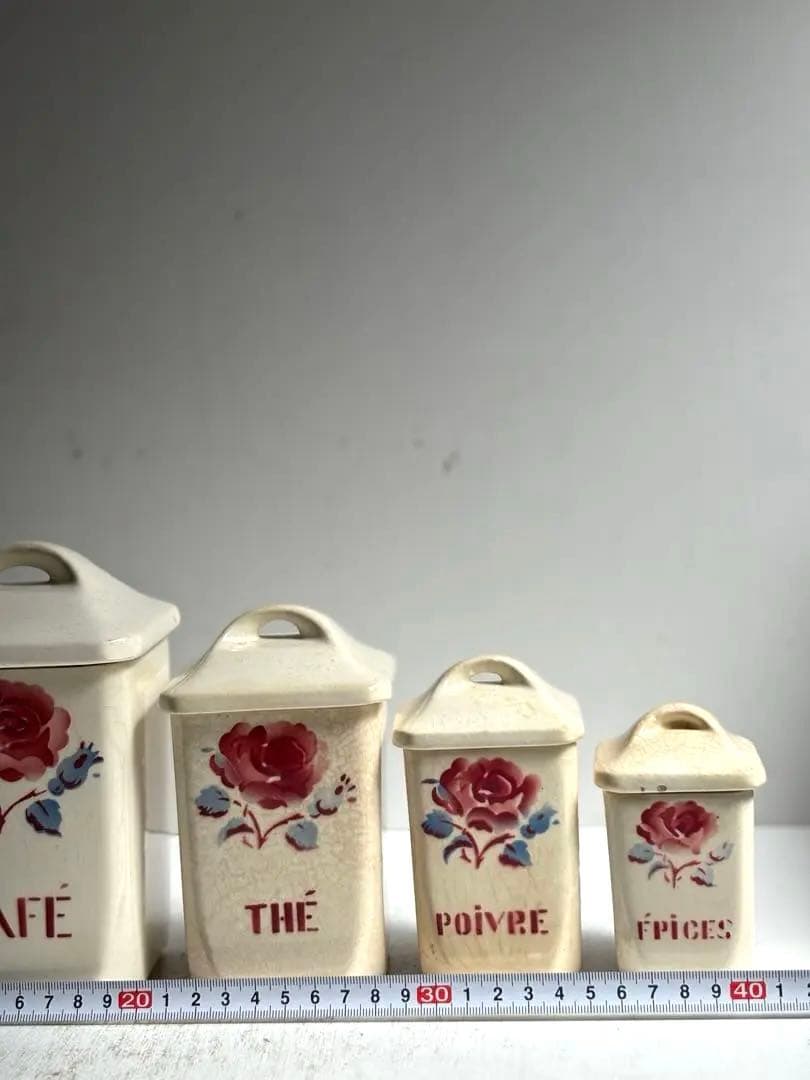 493 フランスアンティーク Badonviller 薔薇柄キャニスターセット