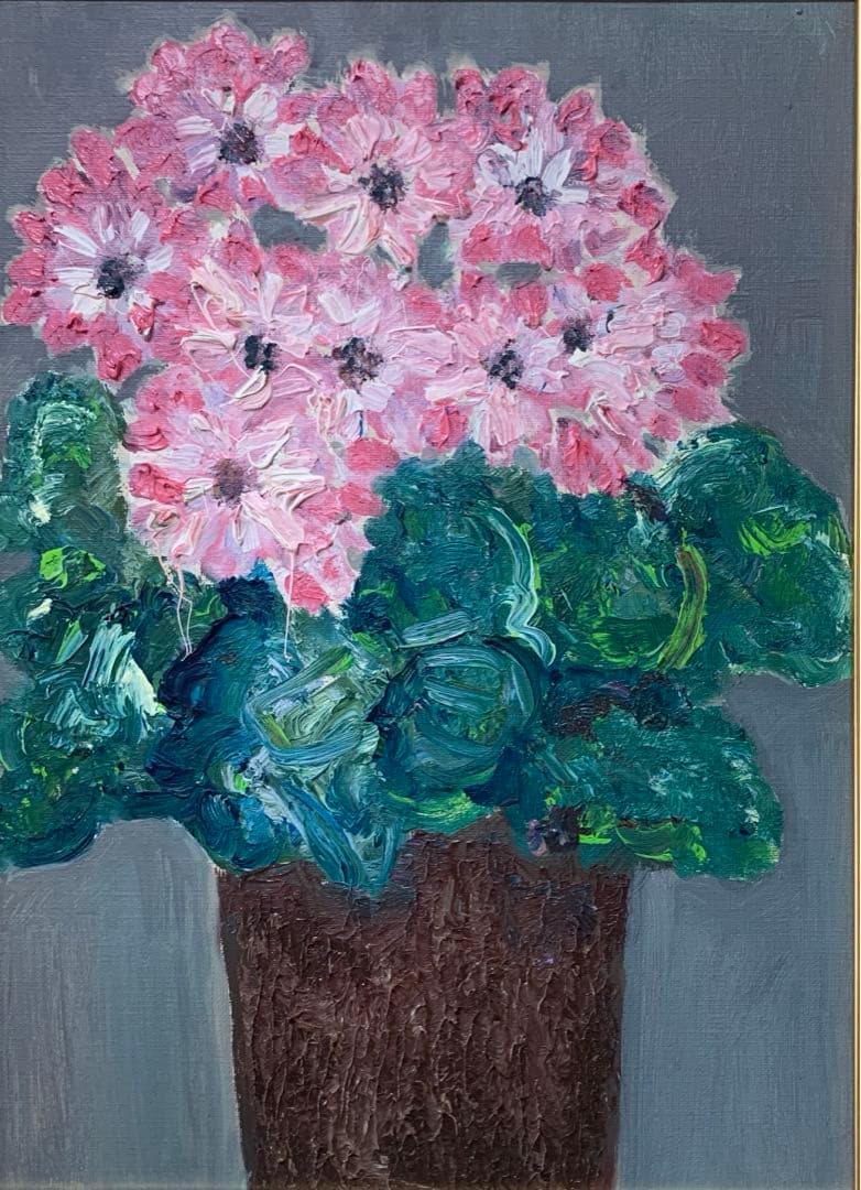 絵画　油彩肉筆画　岸本作『サイネリア』高級額装F4