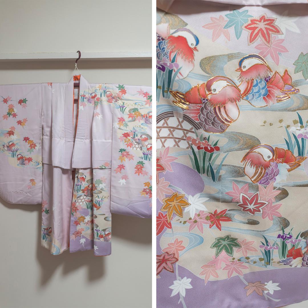 おもち【七五三7歳】正絹・晴着・薄紫グラデ×金駒刺繍 ・鴛鴦流水文様