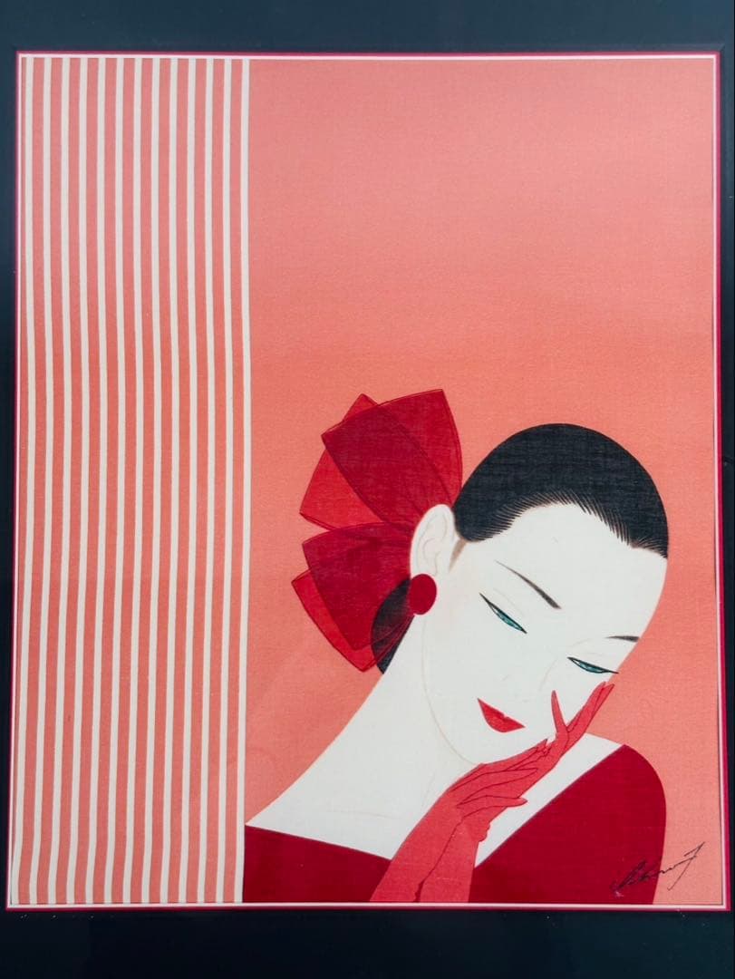 【希少品】鶴田一郎　マイファニーヴァレンタイン　　絵画　日本女性　額入り　年代物