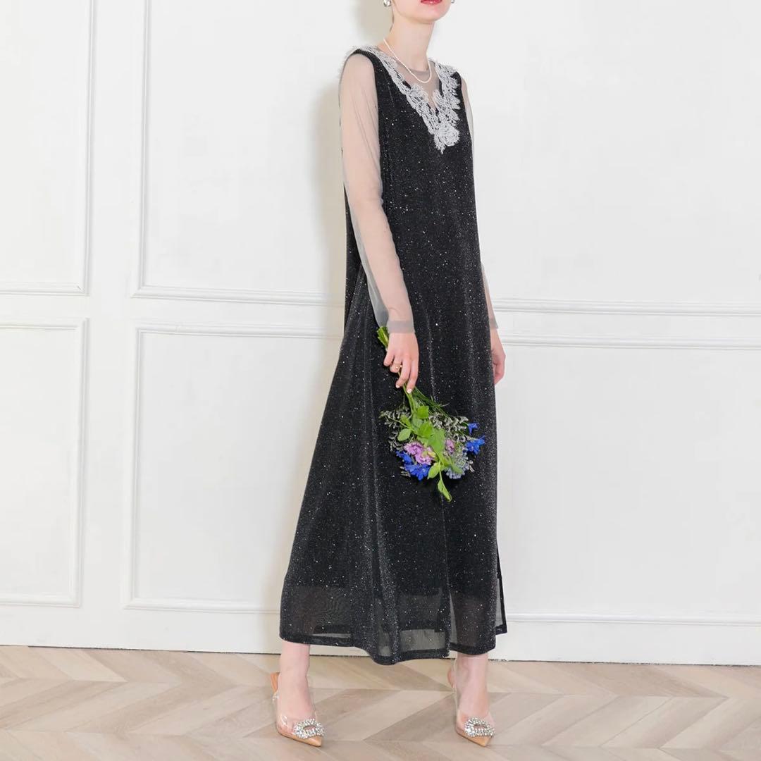 LEJA レースラメスリットロングワンピースドレス