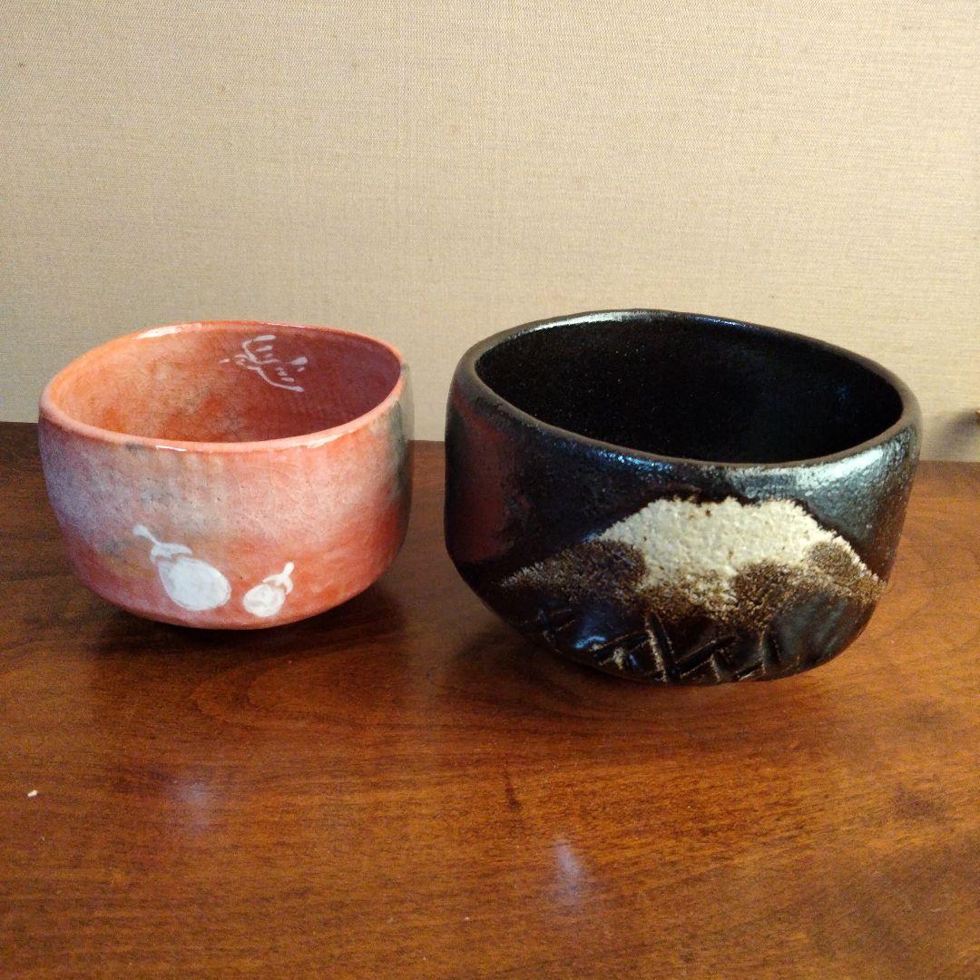 昭楽　赤黒四方茶盌　共箱付　富士　鷹　茄子　お正月