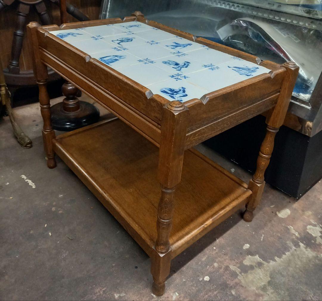 希少　アンティーク　オランダ　デルフト　タイル　サイドテーブル　引き出し付