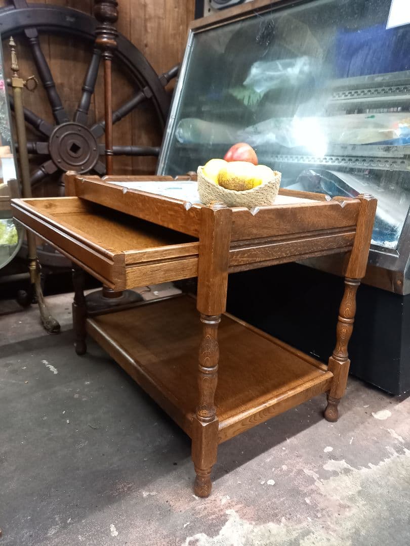 希少　アンティーク　オランダ　デルフト　タイル　サイドテーブル　引き出し付