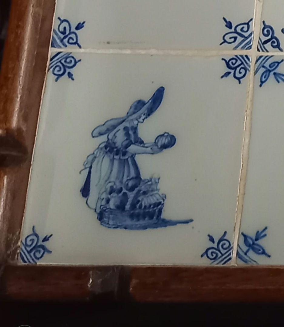 希少　アンティーク　オランダ　デルフト　タイル　サイドテーブル　引き出し付