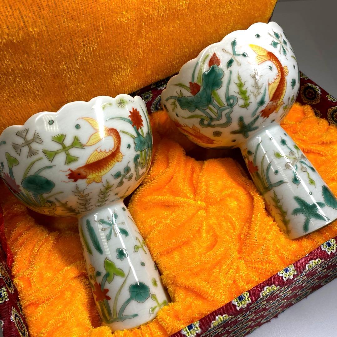 中国清時代　大明嘉靖年製　粉彩馬上杯2客　仕立箱付　東Y7-0303☆2Fトヒサ