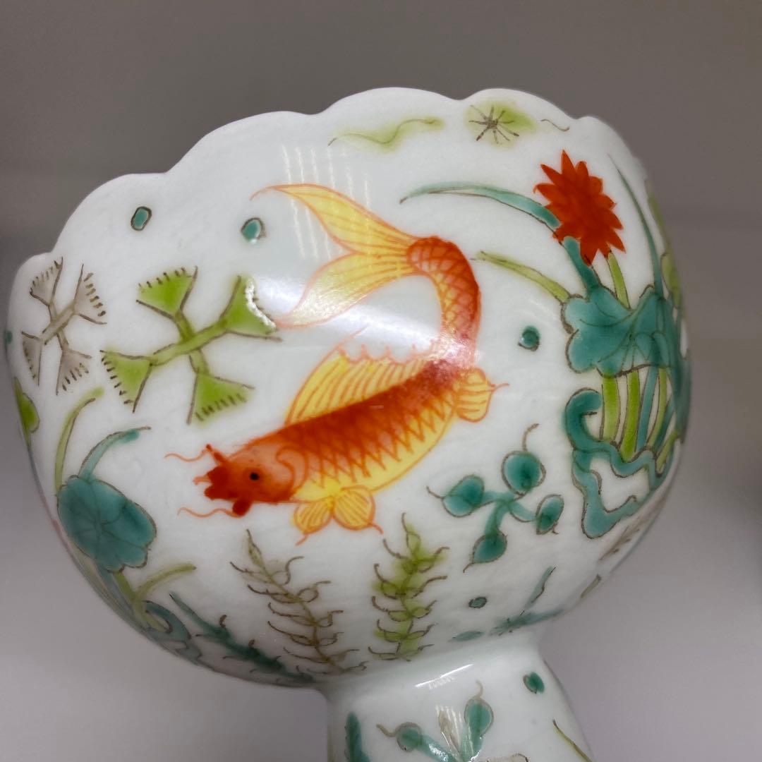 中国清時代　大明嘉靖年製　粉彩馬上杯2客　仕立箱付　東Y7-0303☆2Fトヒサ