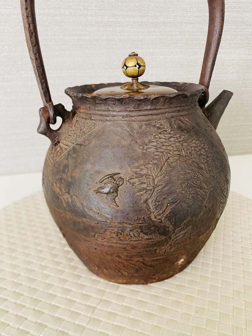 希少　龍文堂 名人安之介造 長手取式鉄瓶 山水花鳥漢詩紋　煎茶道具 骨董 共箱