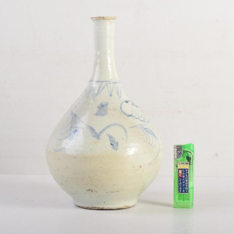 朝鮮美術　李朝　高麗白磁　染付　花草文　細口瓶　花瓶　時代箱付　V　8286A