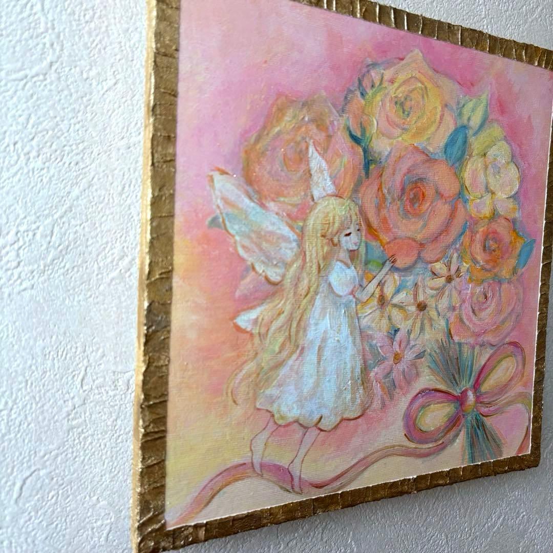 花束と天使のアクリル画 原画　癒しのインテリア テクスチャーアート