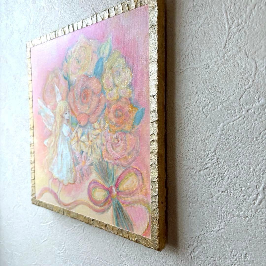 花束と天使のアクリル画 原画　癒しのインテリア テクスチャーアート