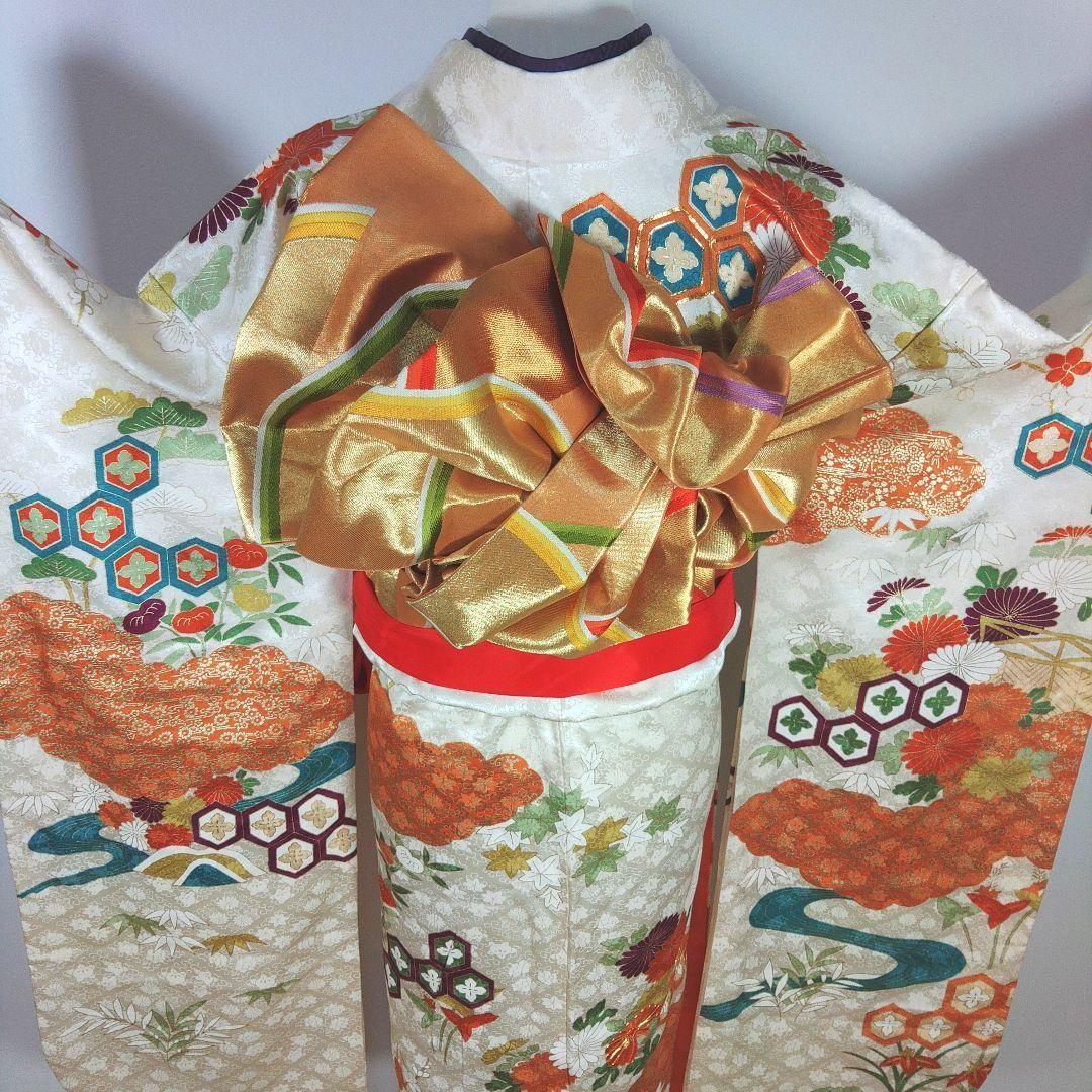 振袖フルセット　成人式　結婚式　前撮り　ホワイト　白　しごき　袋帯　金　ゴールド