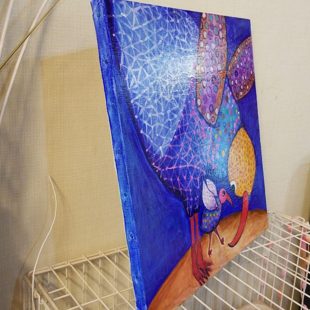 油絵　ゆうみ　羽ばたく練習を見る鳥