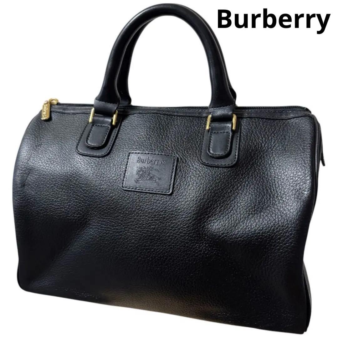 バーバリー ミニボストンバッグ ハンドバッグ ノバチェック レザー シボ革 黒