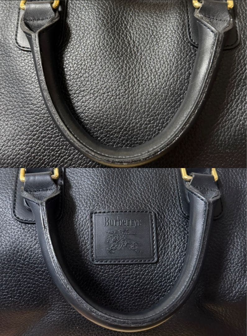 バーバリー ミニボストンバッグ ハンドバッグ ノバチェック レザー シボ革 黒