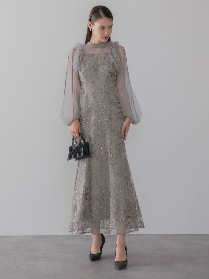 フラワースパンコールチュールフリルロングスリーブマーメイドワンピースドレス結婚式