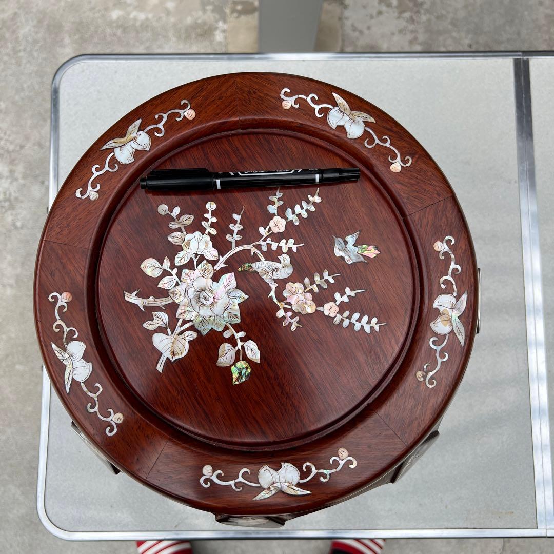 木製 貝細工装飾 丸型座卓　花瓶台　みっちゃん