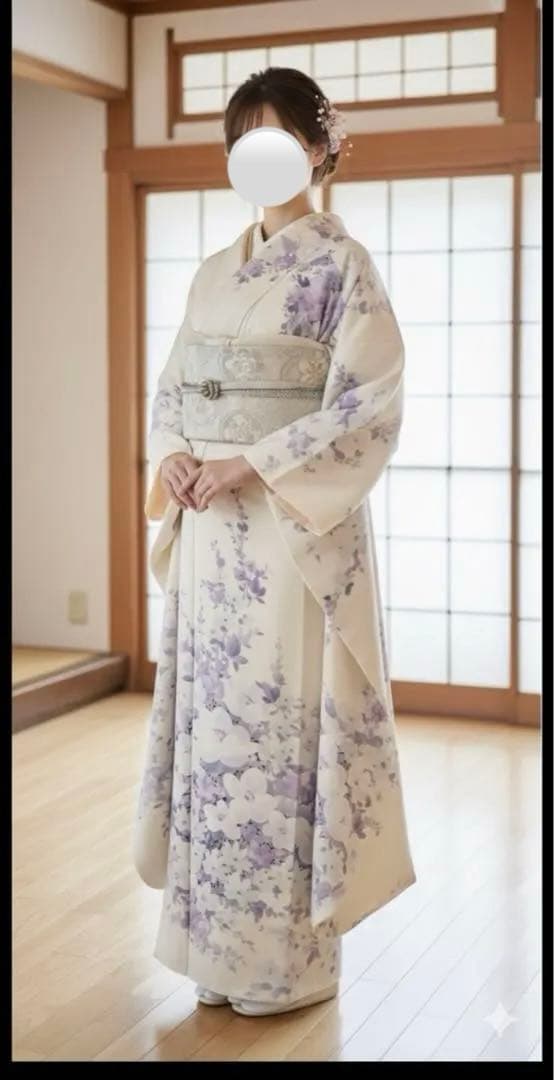 振袖セット　身丈154 小柄さん　手描き花柄　淡い水色と紫