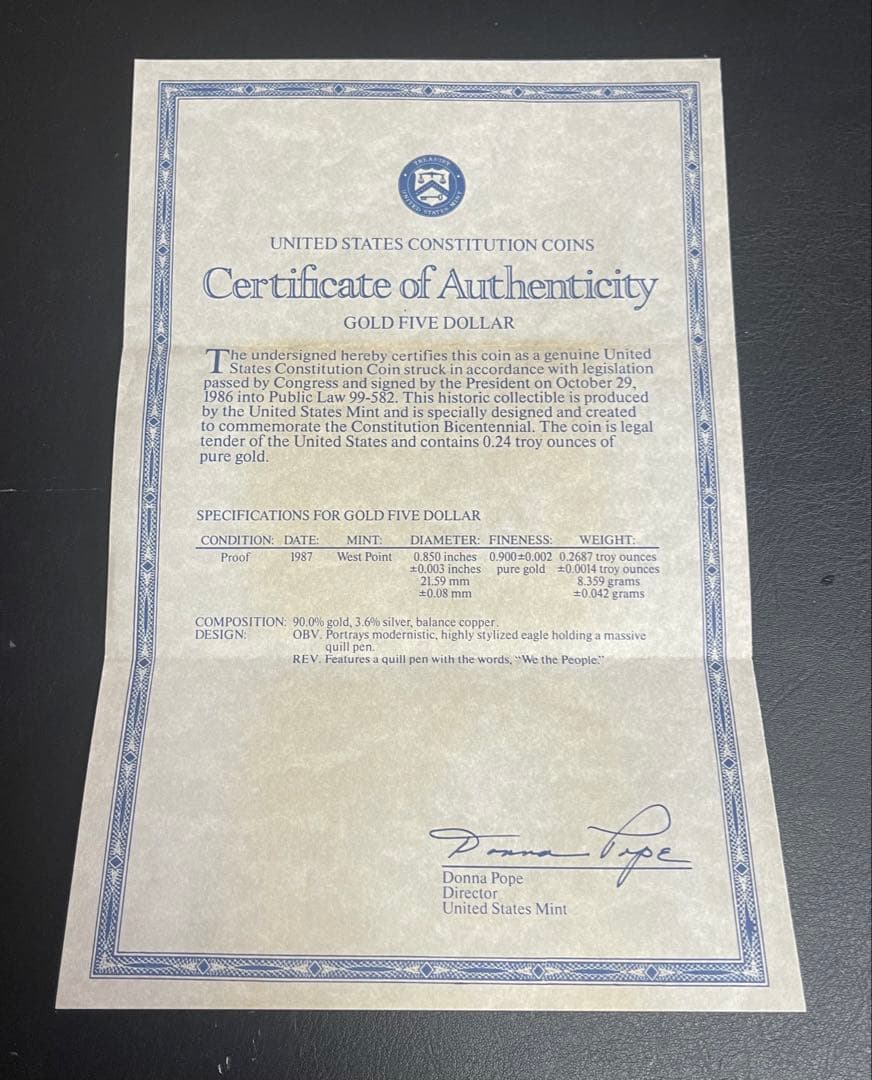 1987年 五ドル金貨 フェザーデザイン