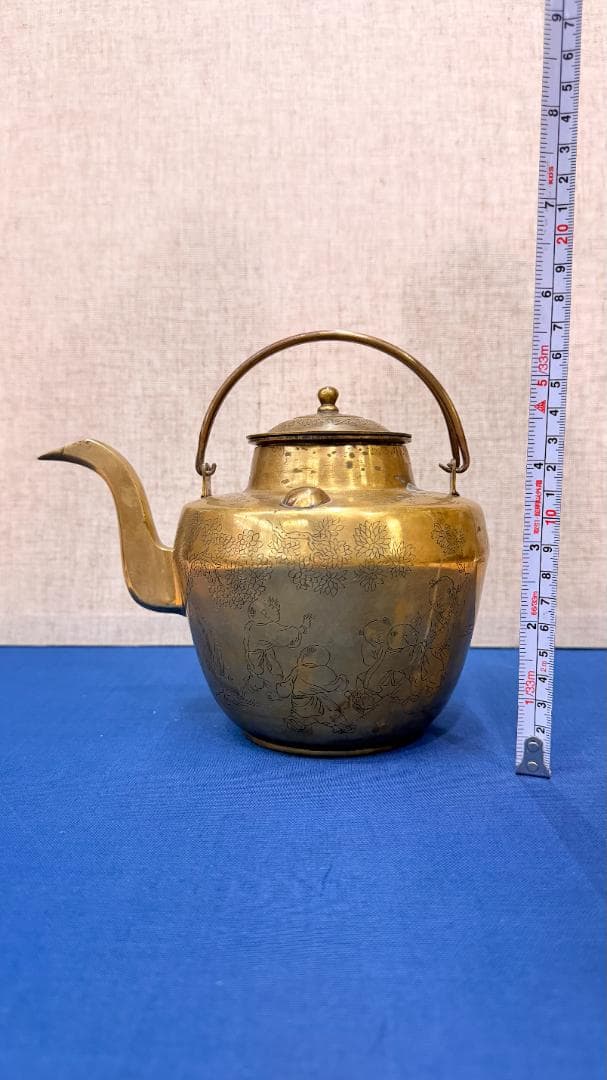 【一点物機能する骨董】古銅 煎茶急須 遊戯図彫刻・完全内筒付実用も楽しめる美品