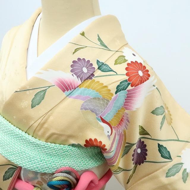 Y2840◇美品 正絹 金駒 手縫い仕立て 鴛鴦 成人式 振袖 着物