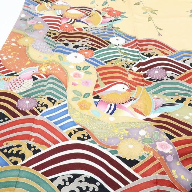 Y2840◇美品 正絹 金駒 手縫い仕立て 鴛鴦 成人式 振袖 着物