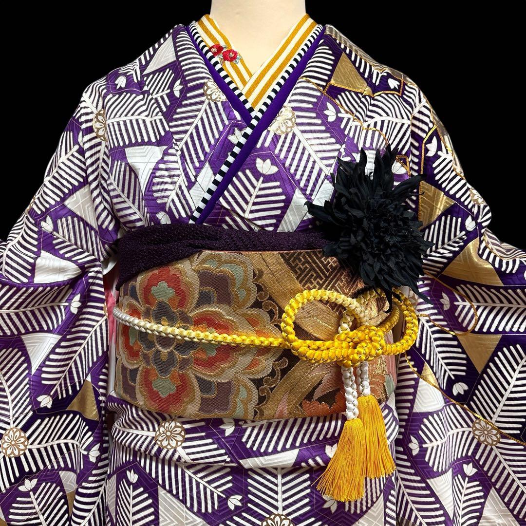 (う58) 煌紫モダン ✦ 洗練幾何学が映えるアンティーク振袖㊗️帯と②セット