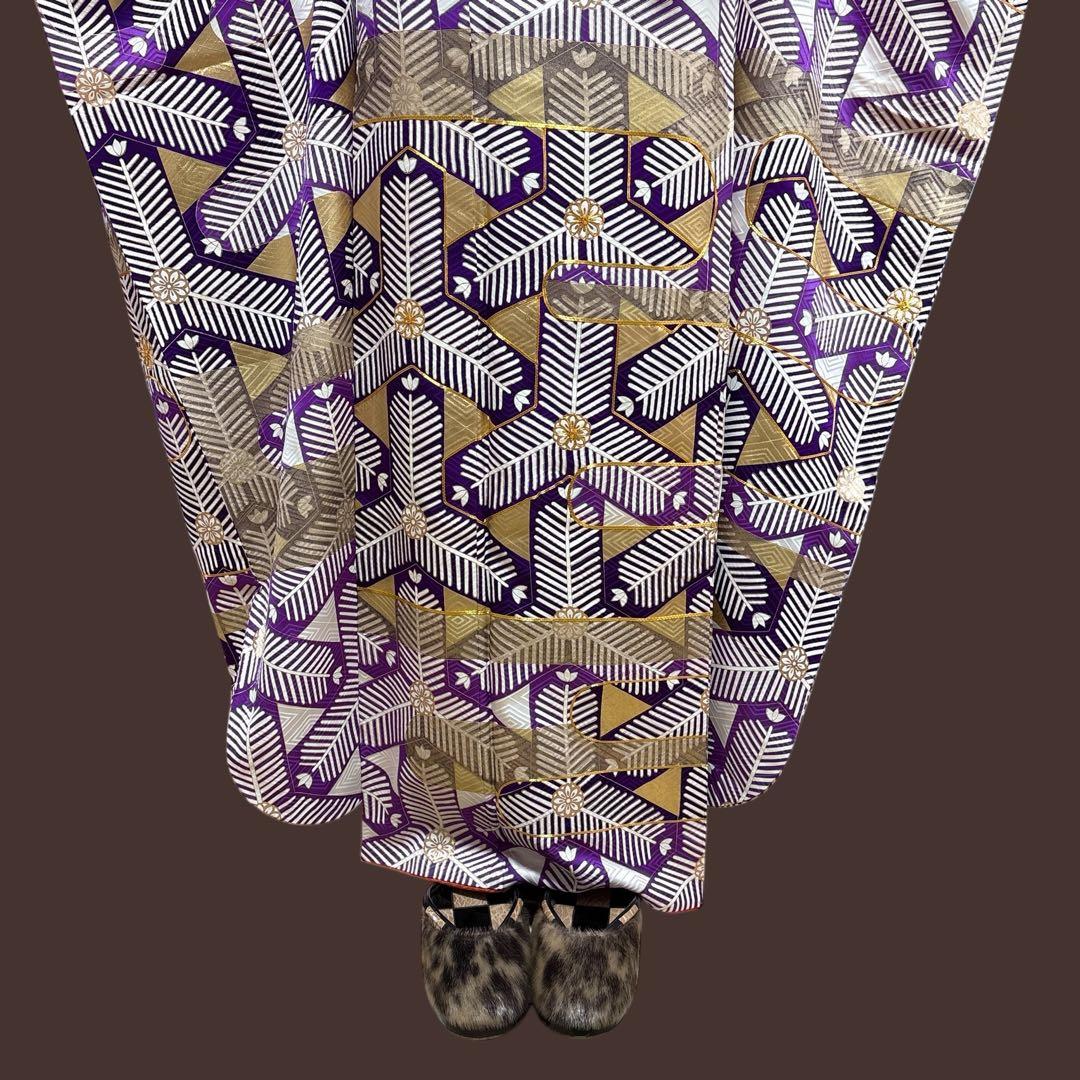 (う58) 煌紫モダン ✦ 洗練幾何学が映えるアンティーク振袖㊗️帯と②セット