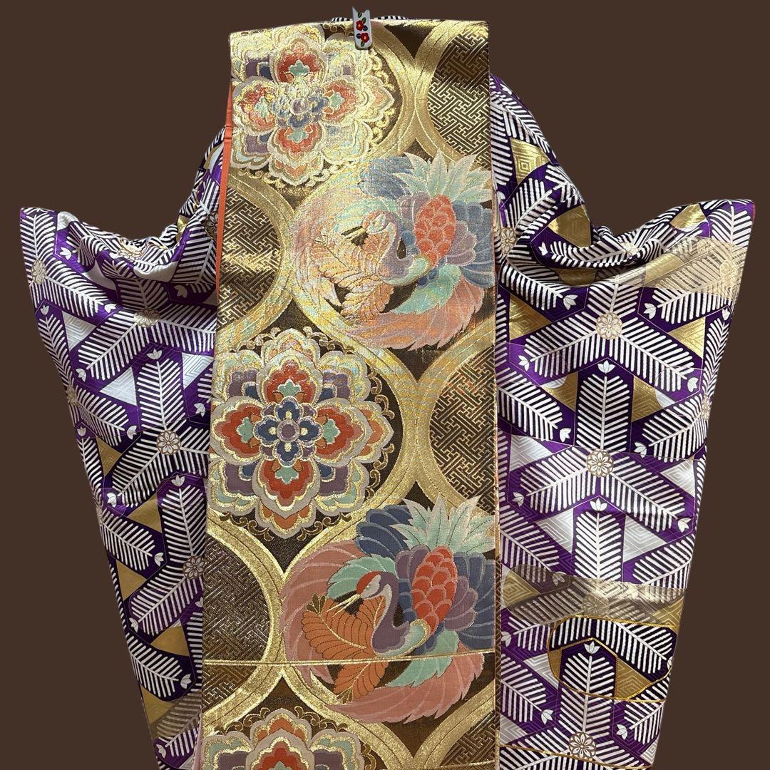 (う58) 煌紫モダン ✦ 洗練幾何学が映えるアンティーク振袖㊗️帯と②セット