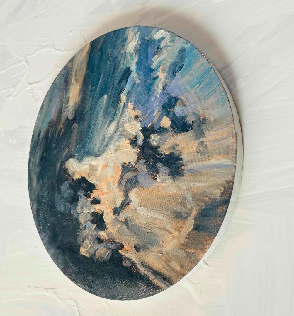 直径30㎝「空の様子２」油彩・絵画・原画・丸形・アートパネル
