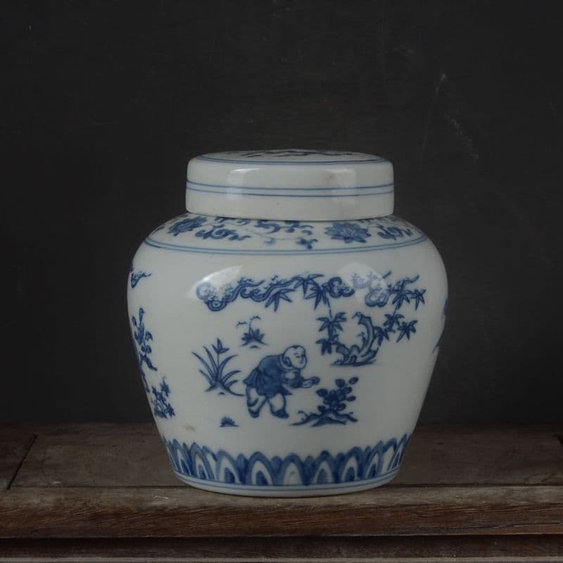 明成化青花嬰戯紋天字缶 景徳鎮 陶磁器 装飾品 現代工芸品 美術品 置物