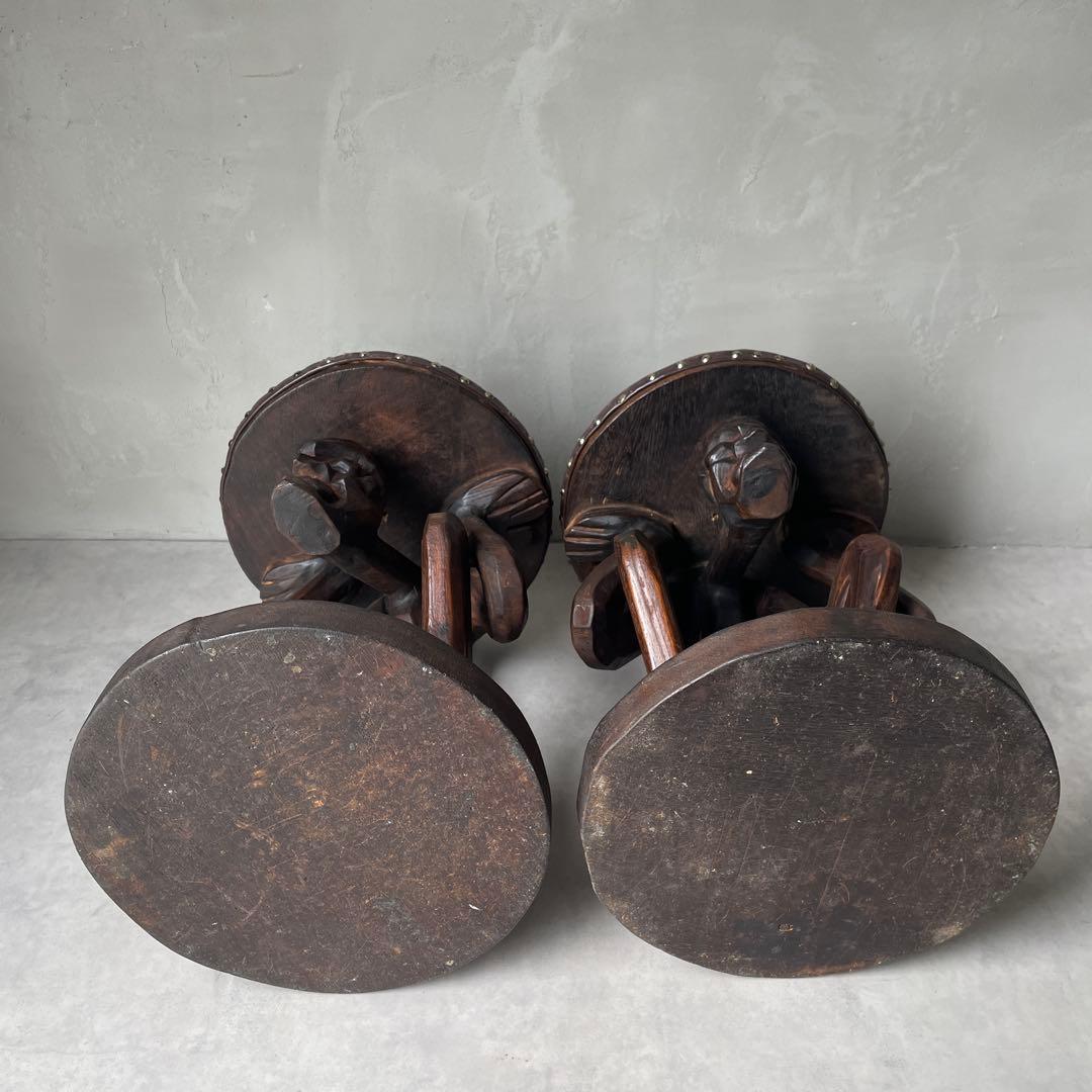 木製　木彫り　アフリカ　スツール　ガーゴイル　丸椅子　ヴィンテージ　民芸