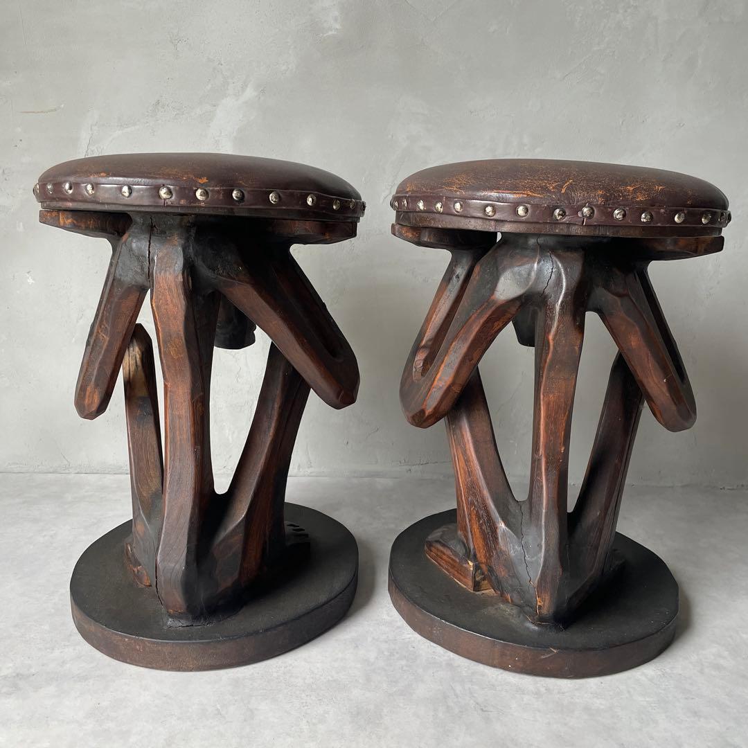 木製　木彫り　アフリカ　スツール　ガーゴイル　丸椅子　ヴィンテージ　民芸