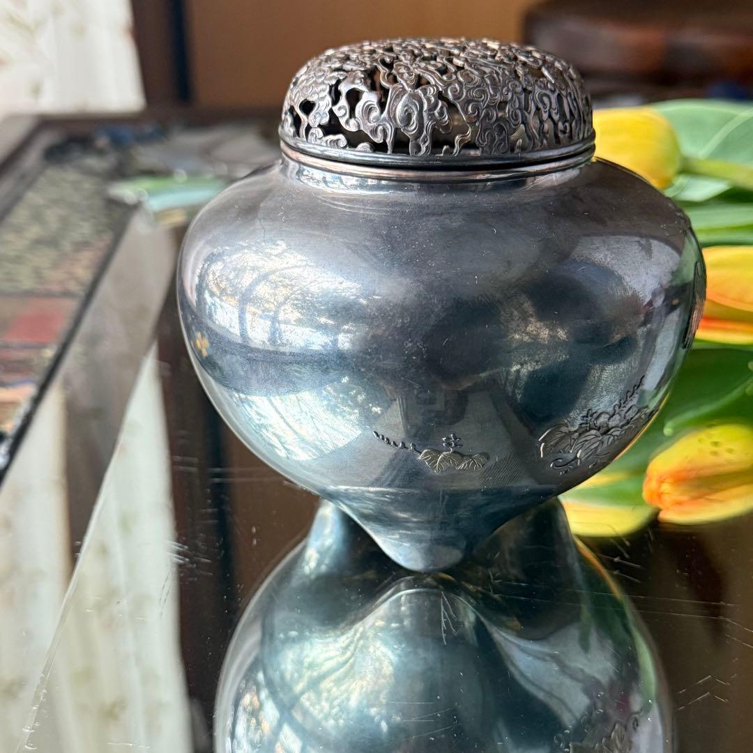 R様へ感謝お嫁入り‼️宝石王愛蔵品純銀金銀象嵌　桐花鳳凰雲竜火屋刻銘純銀香炉1客