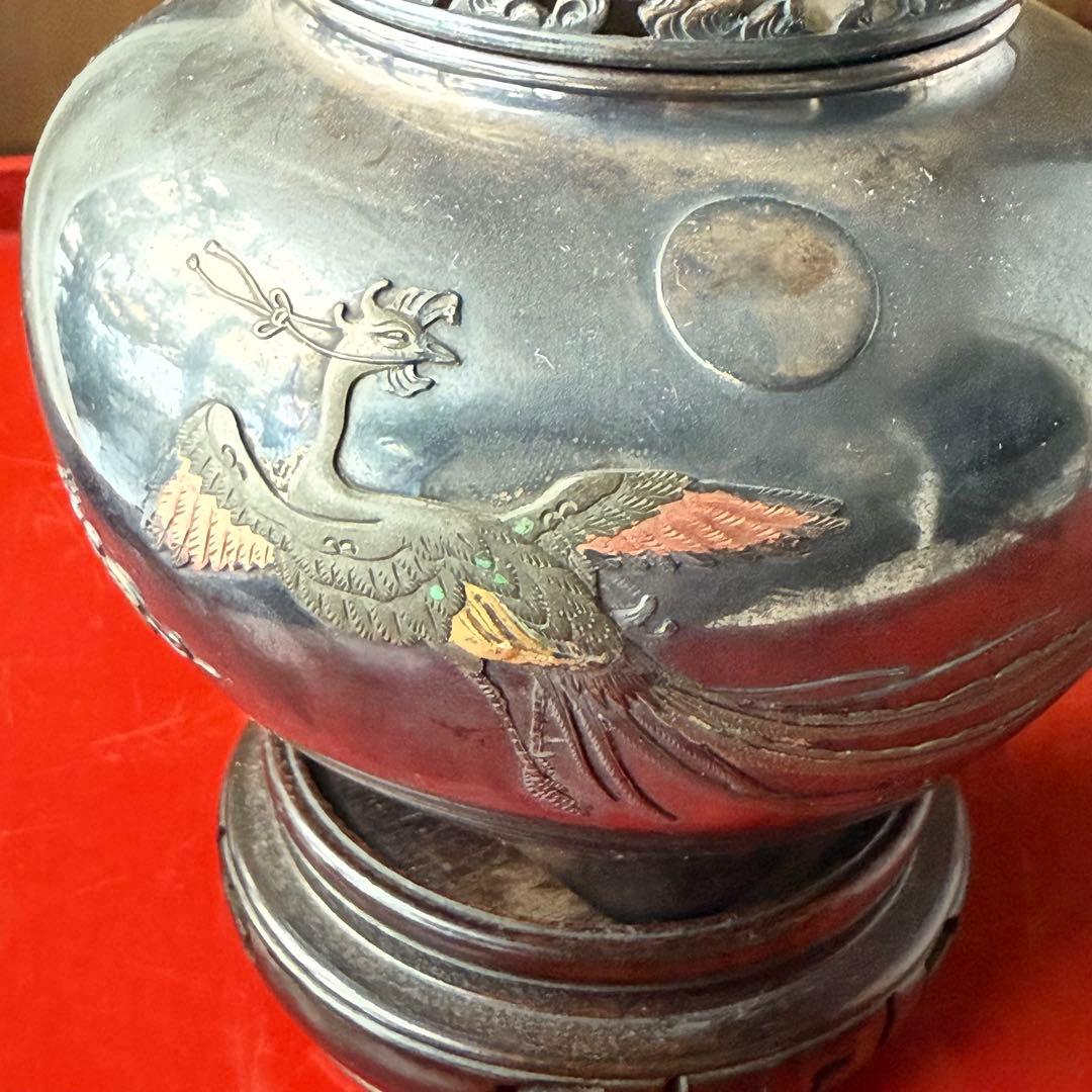 R様へ感謝お嫁入り‼️宝石王愛蔵品純銀金銀象嵌　桐花鳳凰雲竜火屋刻銘純銀香炉1客