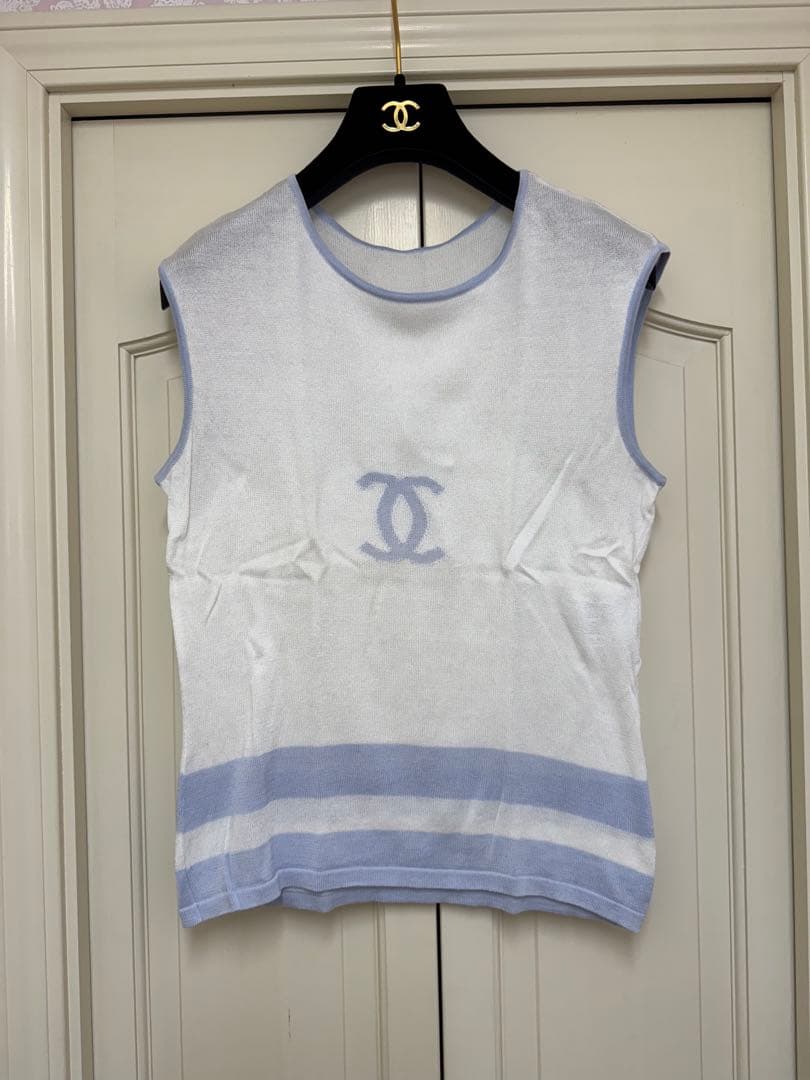ヴィンテージ　CHANEL タンクトップ　トップス　ライトブルー　ホワイト