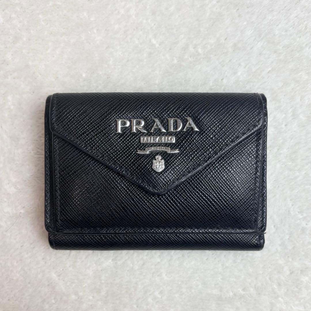 【希少✨】PRADA 三つ折り財布 バイカラー サフィアーノ 黒 RFID搭載