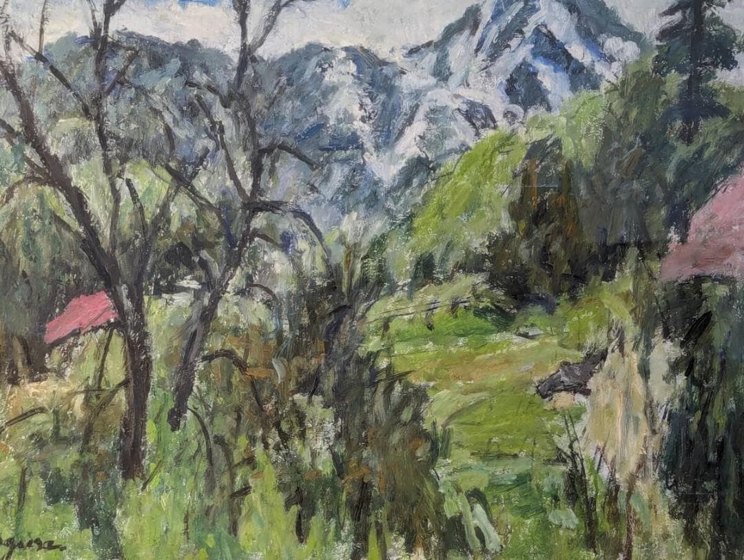 【真作】絵画　油彩8号　春山遠望　雪山と新緑の広がる風景画　日本の四季　W59