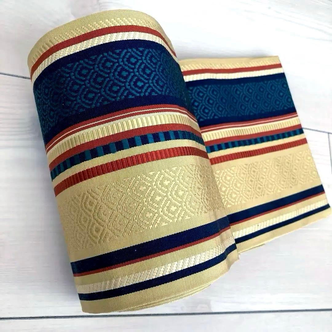 本場筑前博多織　半幅帯　縞模様　織り出し　正絹　タグ付　青海波　No.1-22