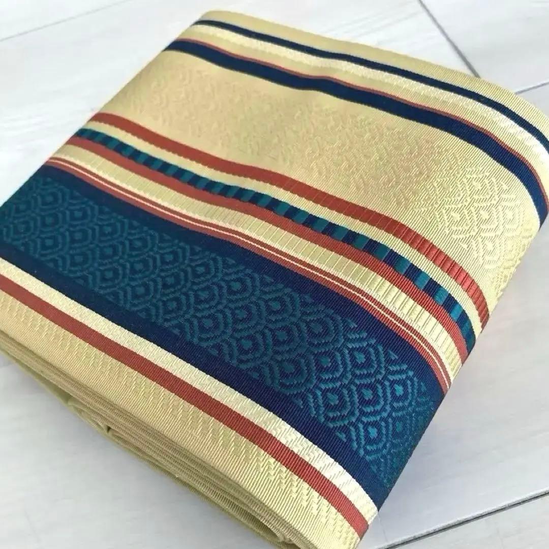 本場筑前博多織　半幅帯　縞模様　織り出し　正絹　タグ付　青海波　No.1-22