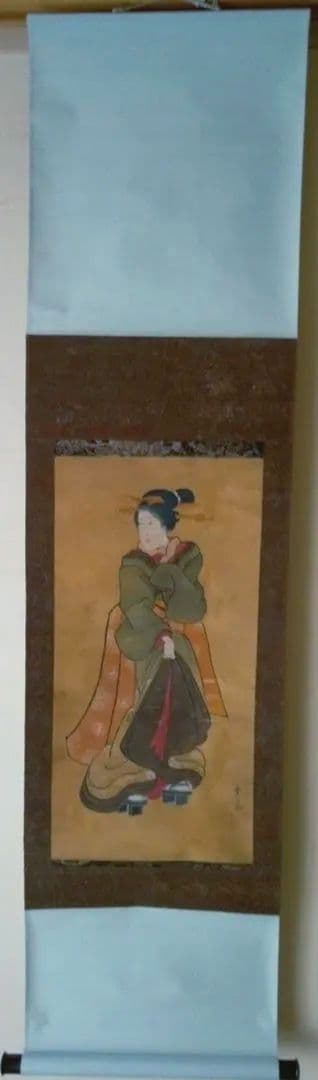 掛け軸、浮世絵美人画絹本、小磯崎雪窓画(浮世絵名歌川芳秀）