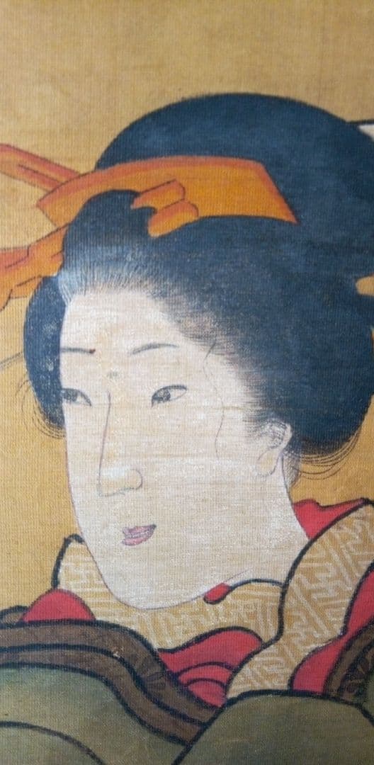 掛け軸、浮世絵美人画絹本、小磯崎雪窓画(浮世絵名歌川芳秀）