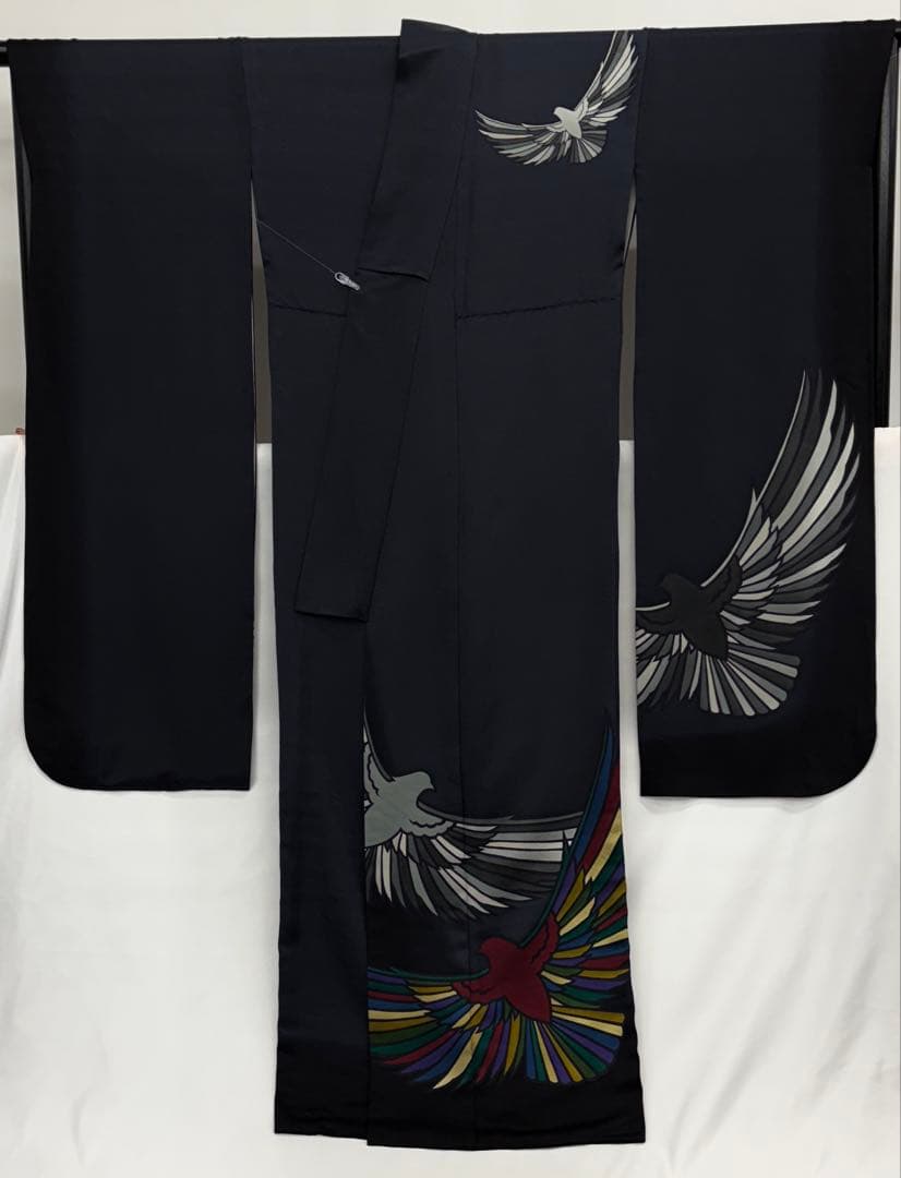 斉藤三才　成人式振袖　長襦袢付　着物　正絹　鳩／濃紺系《き676》#江戸小もーん