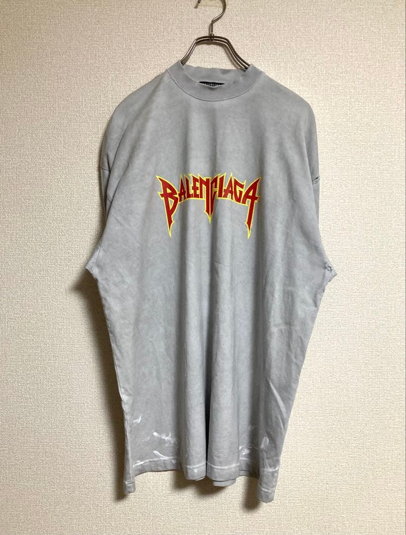 BALENCIAGA バレンシアガ　デストロイ　メタルロゴ　tシャツ グレー