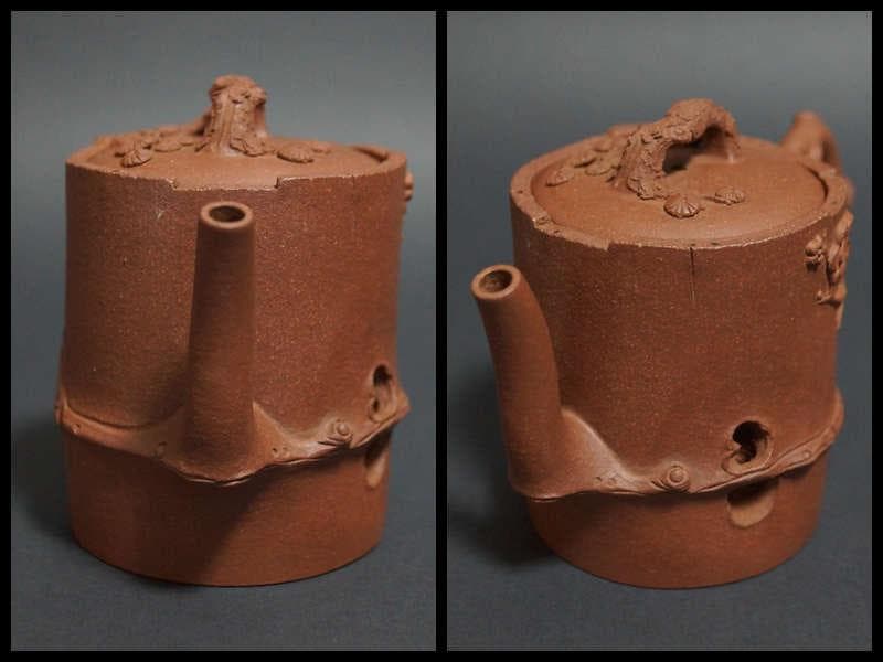 茶道具 中国宜興 「拾得居士」 凌国備作 手作り細工彫り『梅図』 造形紫砂壺急須