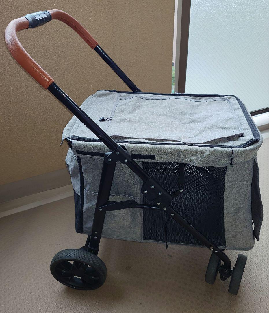 ペットカート グレー スチールフレーム　中型犬用　 折りたたみ式　耐荷重30kg